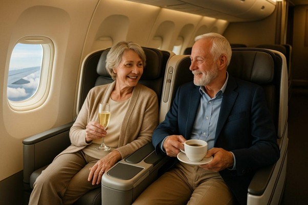 Senior couple in business class